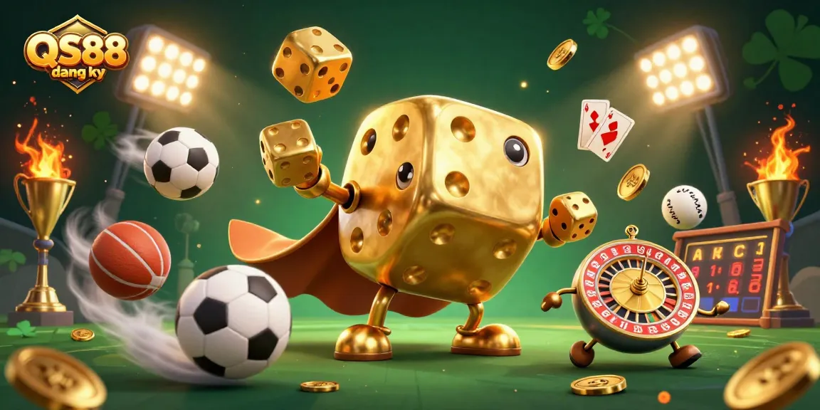 Engage with the exciting QS88 dang ky betting experience, featuring dynamic golden dice and vibrant sports elements.