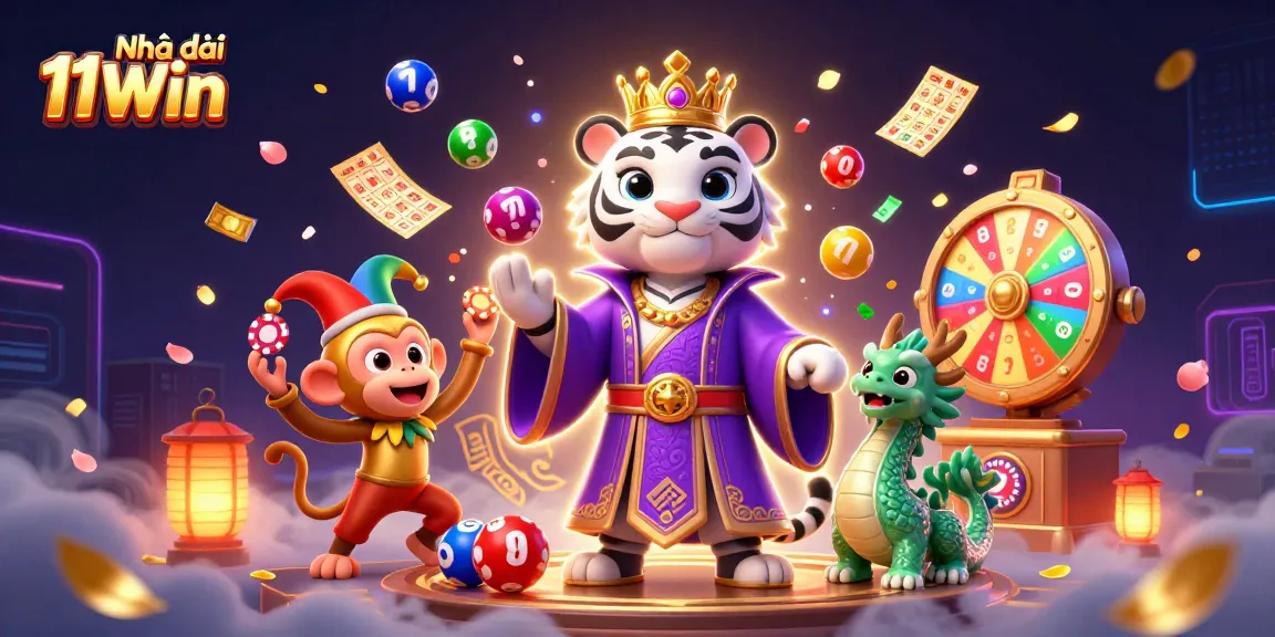 Engaging scene featuring Nhà cái 11Win's vibrant animations with a tiger and monkey celebrating lottery wins.
