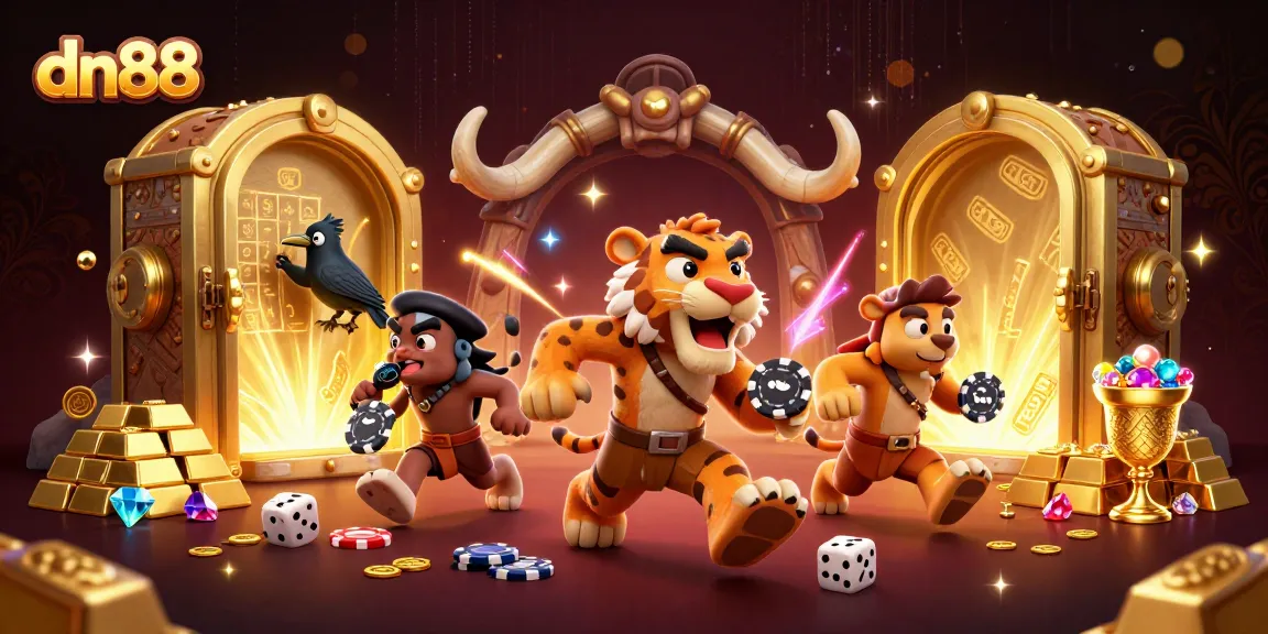 Experience thrilling gameplay at dn88 with an engaging caveman casino scene filled with gold and fortune.