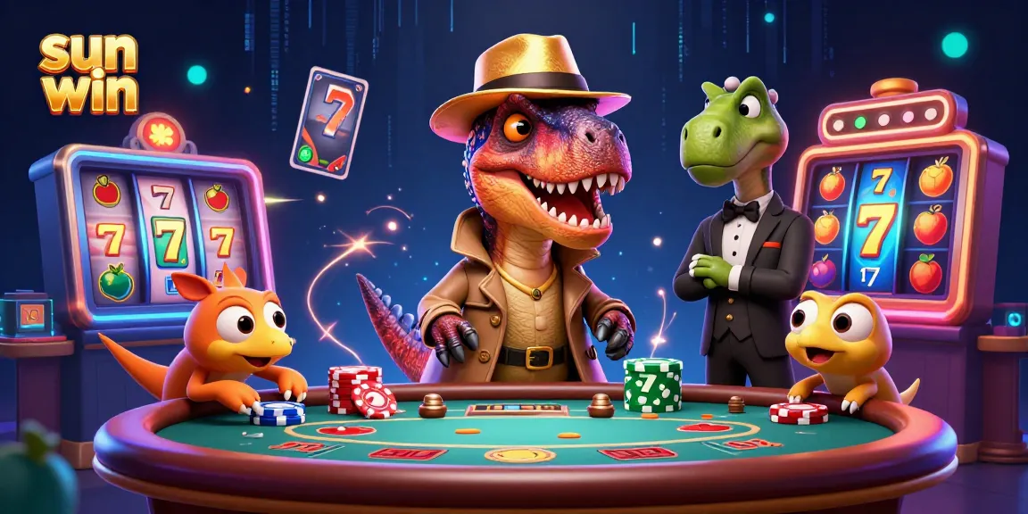 Win big at Sun Win with a cartoon velociraptor card counter and vibrant slot game visuals