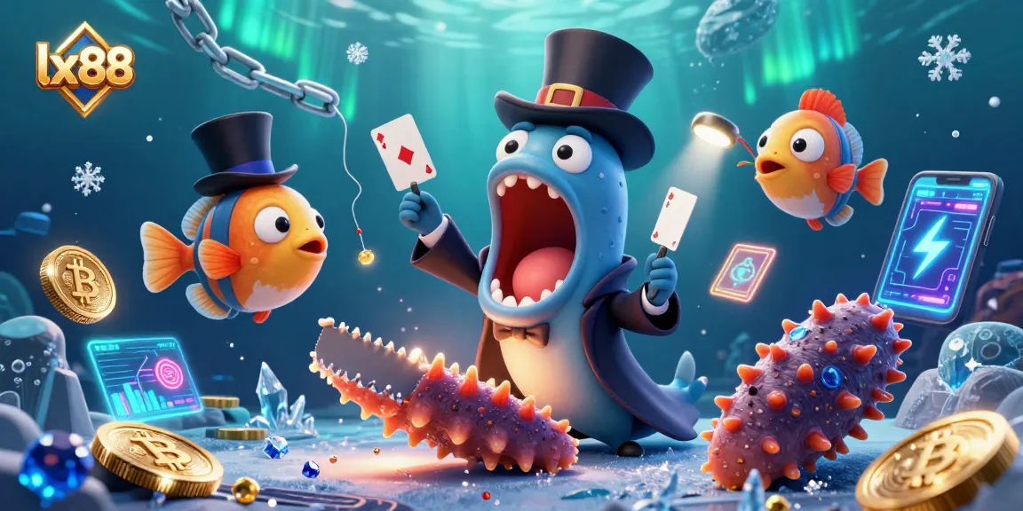 Engage in thrilling gambling with lx88 as cartoon characters perform magic tricks surrounded by crypto coins.