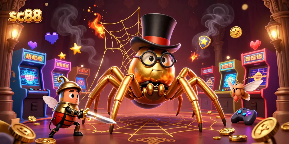 Engage with sc88's thrilling golden tarantula and knight in a vibrant casino game scene.
