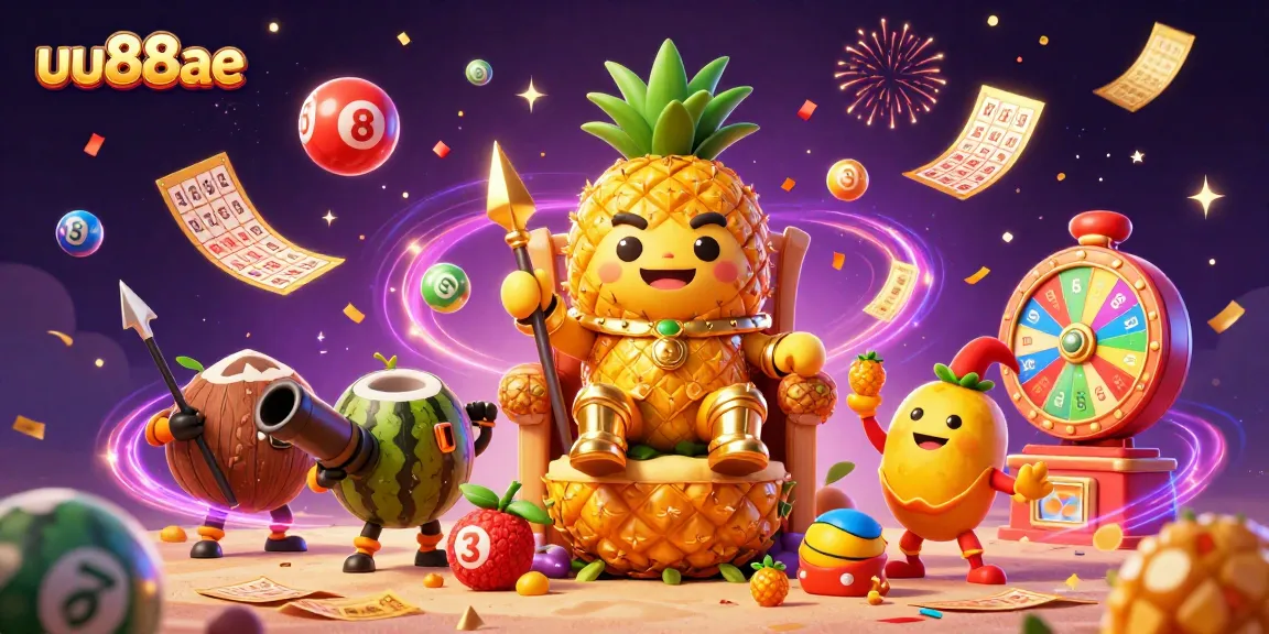 Engage with uu88ae in this vibrant 3D casino illustration featuring golden characters and lottery elements.