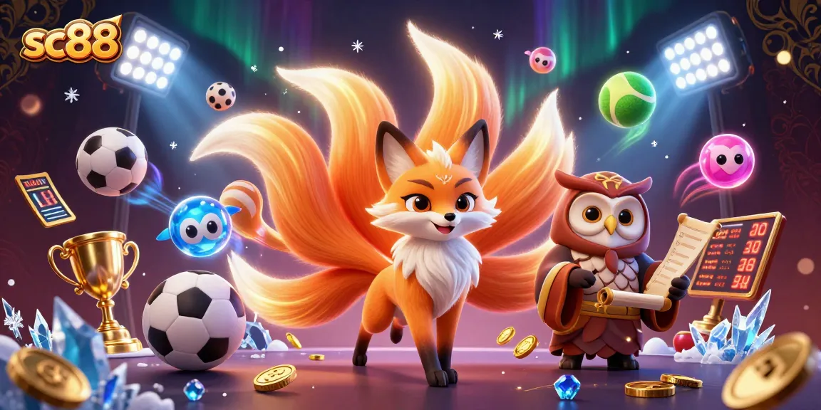 sc88 sports betting scene with glowing fox spirit and wise owl sage amid dynamic game elements