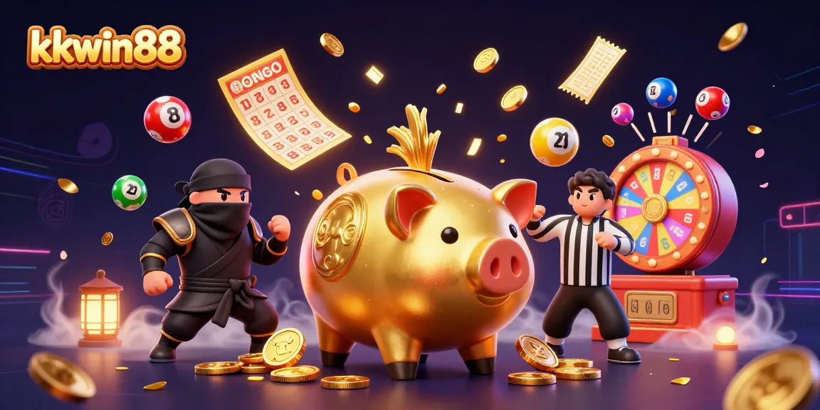kkwin88 showcases thrilling gaming experiences with a vibrant 3D illustration of unique characters.