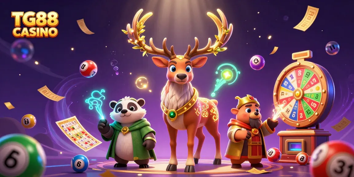 Engage in exciting gameplay at TG88 CASINO with a vibrant 3D illustration filled with gambling elements and characters.