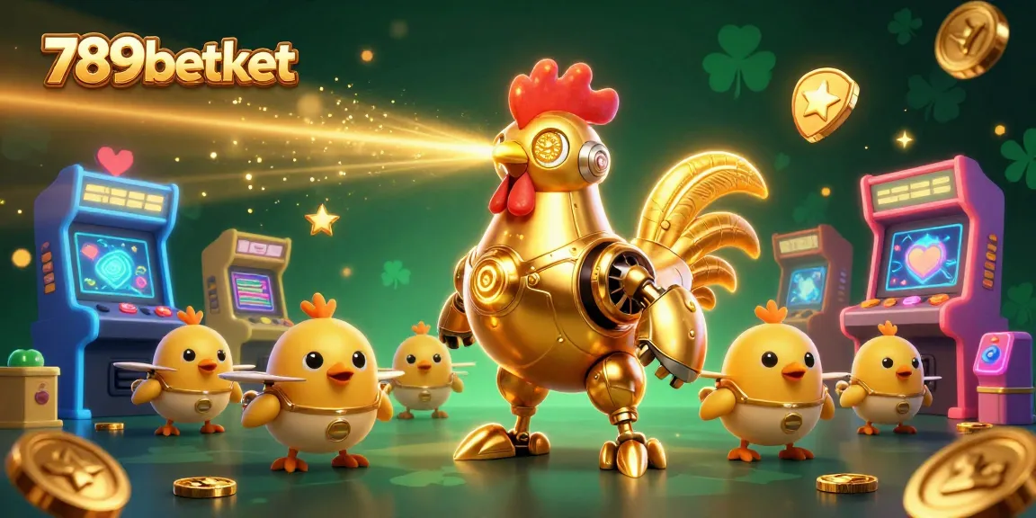 Experience 789betket's thrilling casino excitement with a dynamic golden rooster and baby chick drones.