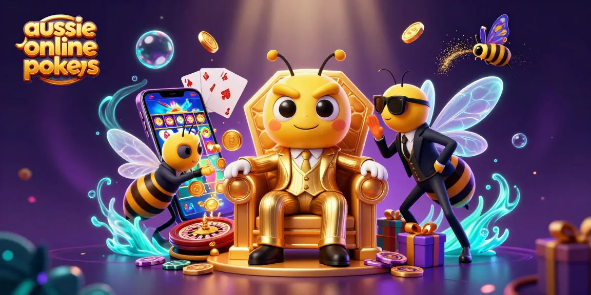 Aussie online pokies scene featuring a bumblebee mob boss amidst vibrant slot game elements and poker chips.