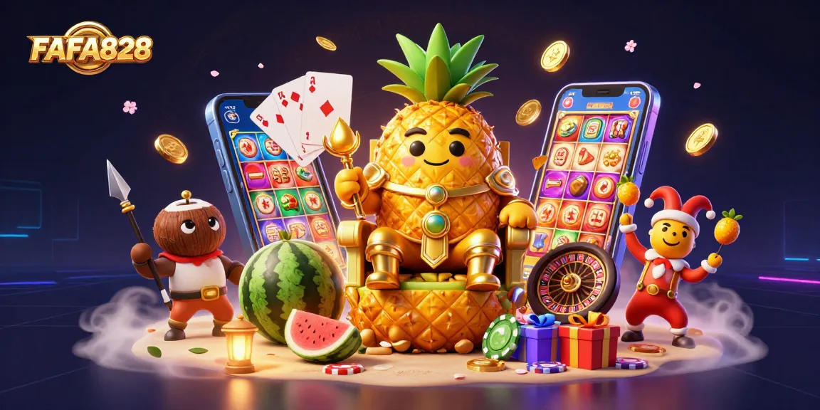 FAFA828 showcases a golden pineapple king and casino action featuring slot games, vibrant colors, and dynamic gameplay.