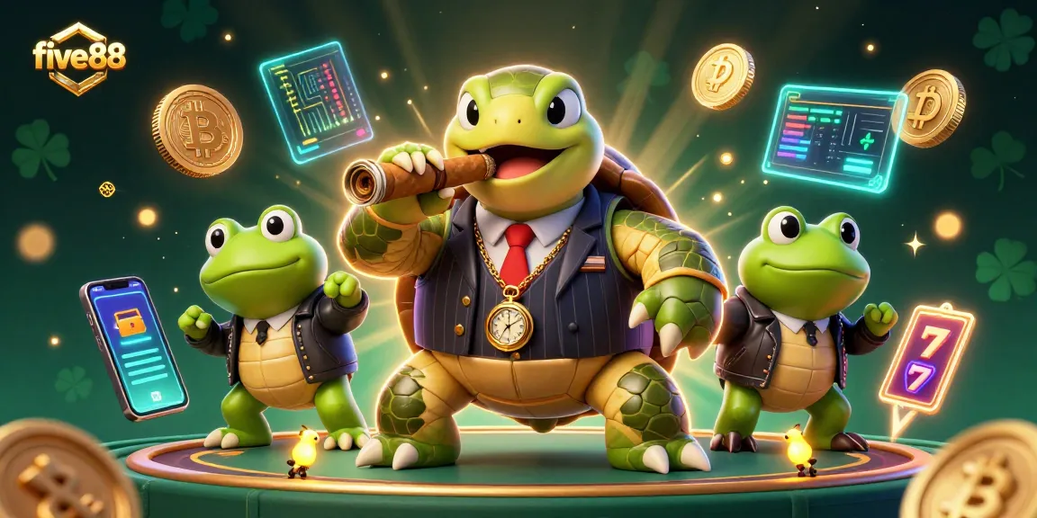 five88 showcases a massive snapping turtle mobster alongside bullfrog enforcers, vibrant crypto elements enhance casino flair.